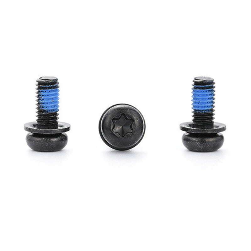 Fekete, kerek fejű torx micro mini hármas rögzítőcsavar nylon tapasszal